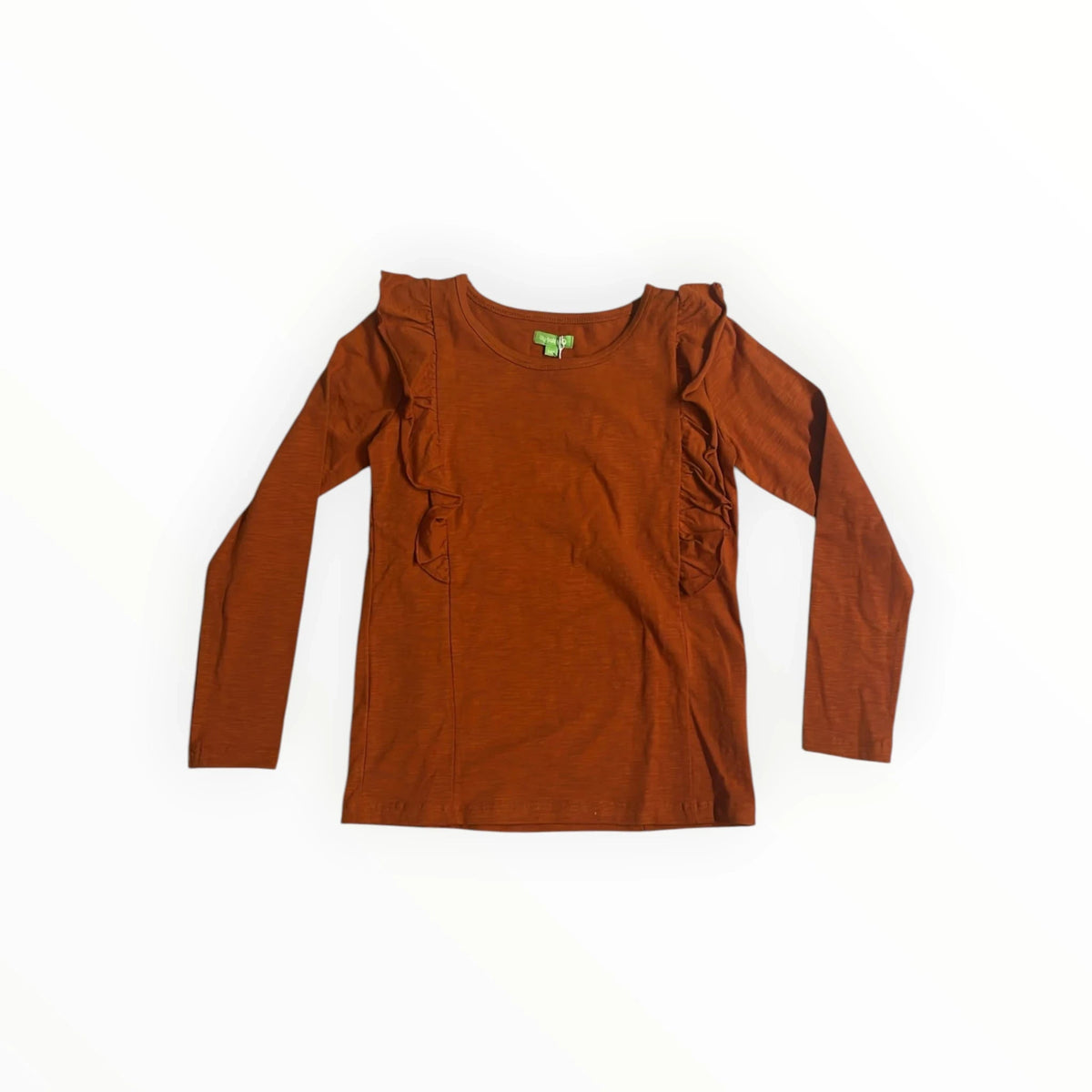 Pierrot Outlet roestbruin damesshirt met lange mouwen en verfijnde ruches langs de schouders en het voorpand.