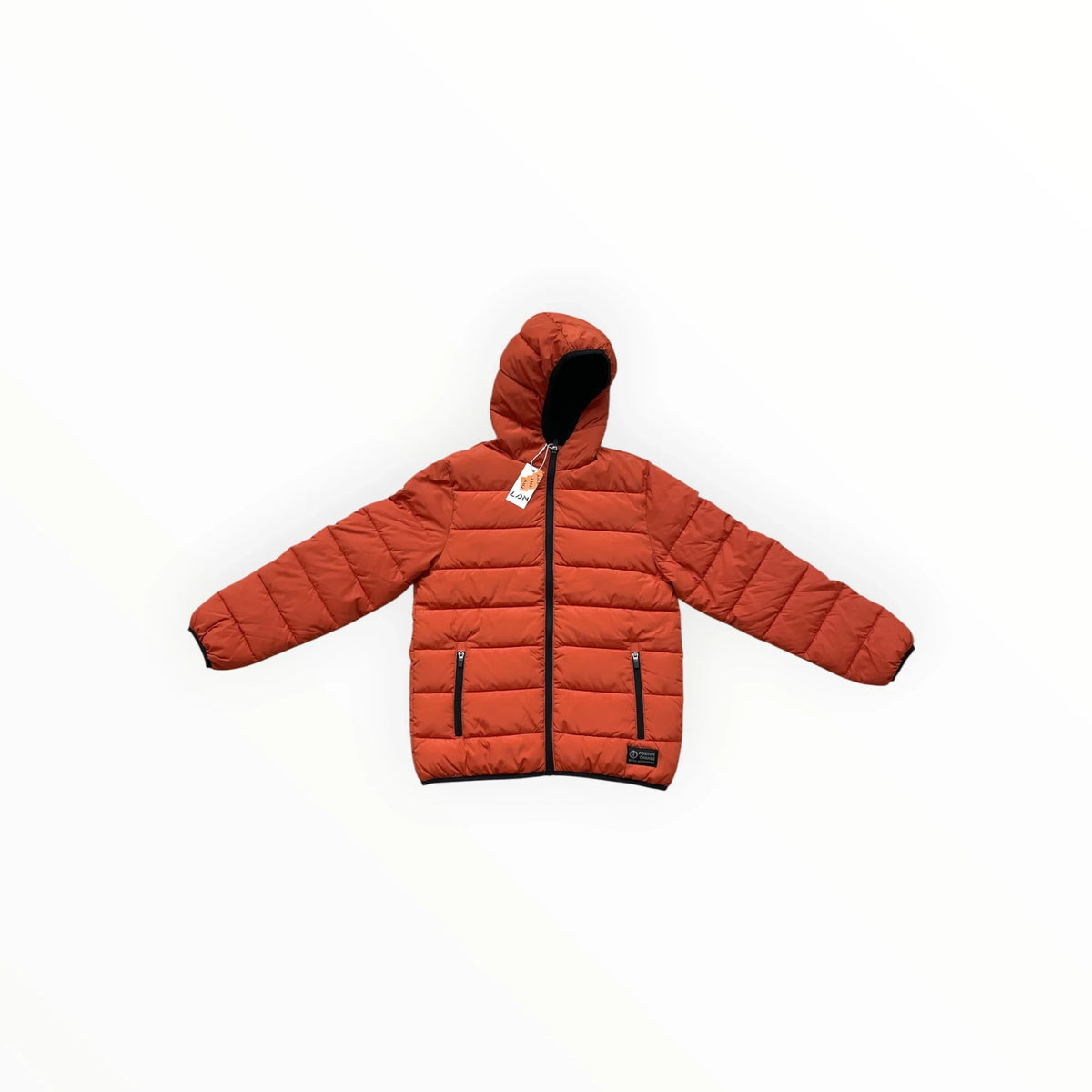 Pierrot Outlet roestbruine gewatteerde herenjas met capuchon, ritssluiting en elastische boorden voor extra warmte.