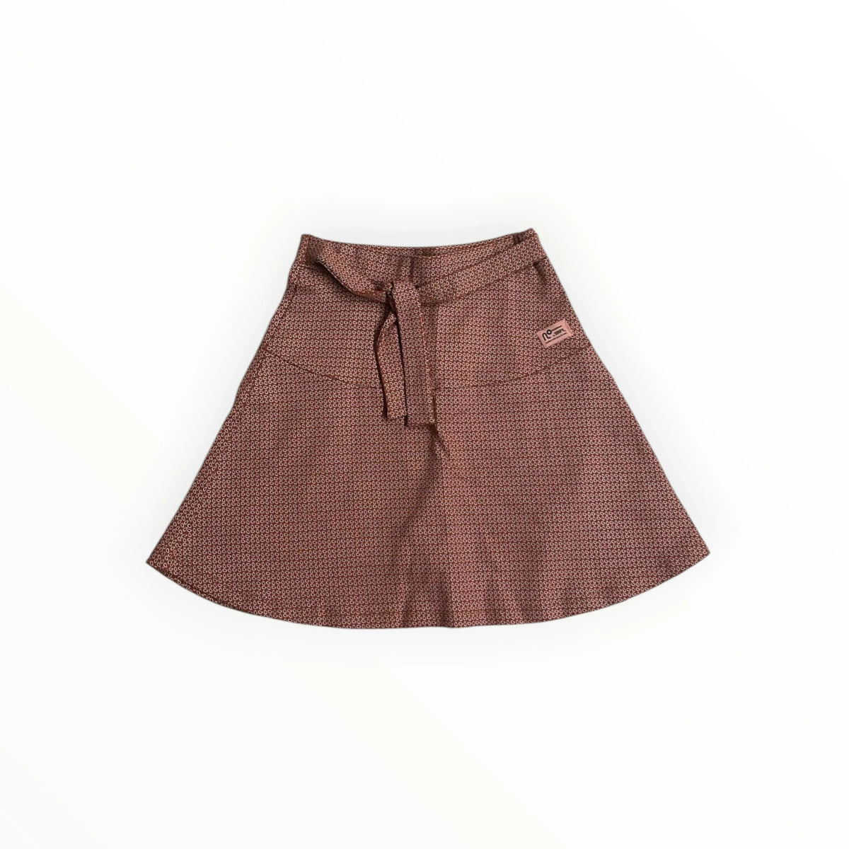 Pierrot Outlet roestbruine A-lijn rok met patroon en strikceintuur in de taille voor een vrouwelijk silhouet.