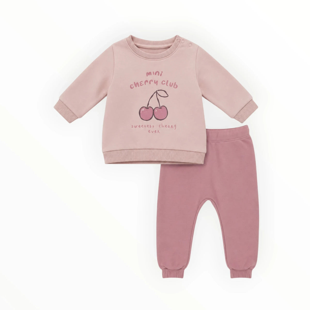 Pierrot Outlet tweedelige baby set met roze sweater met mini cherry club print en bijpassende roze broek