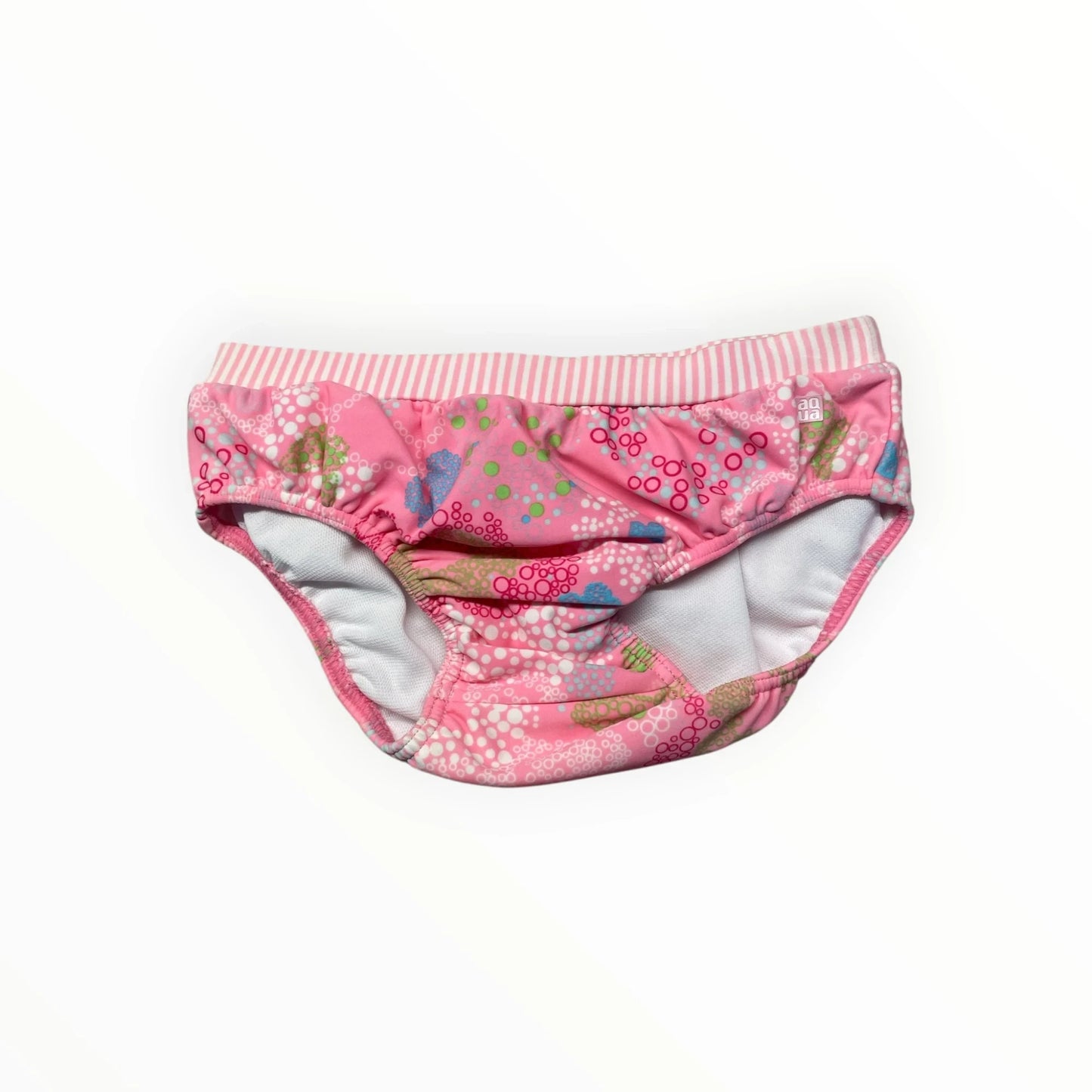 Pierrot Outlet roze zwemluierbroekje voor baby's met cirkelpatroon en gestreepte elastische tailleband.