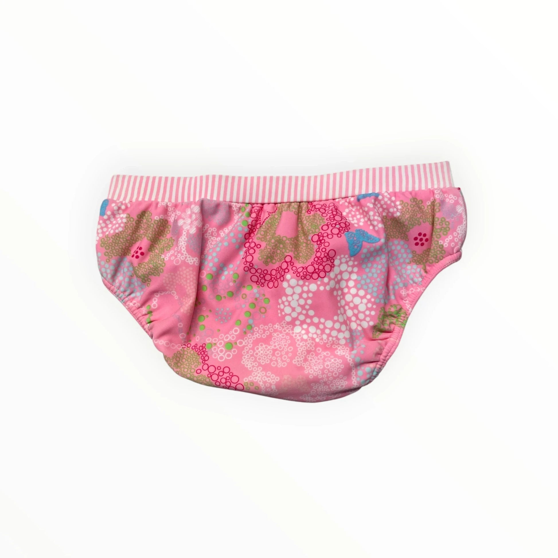 Pierrot Outlet roze baby zwemluierbroekje met bloemenpatroon en gestreepte elastische tailleband.