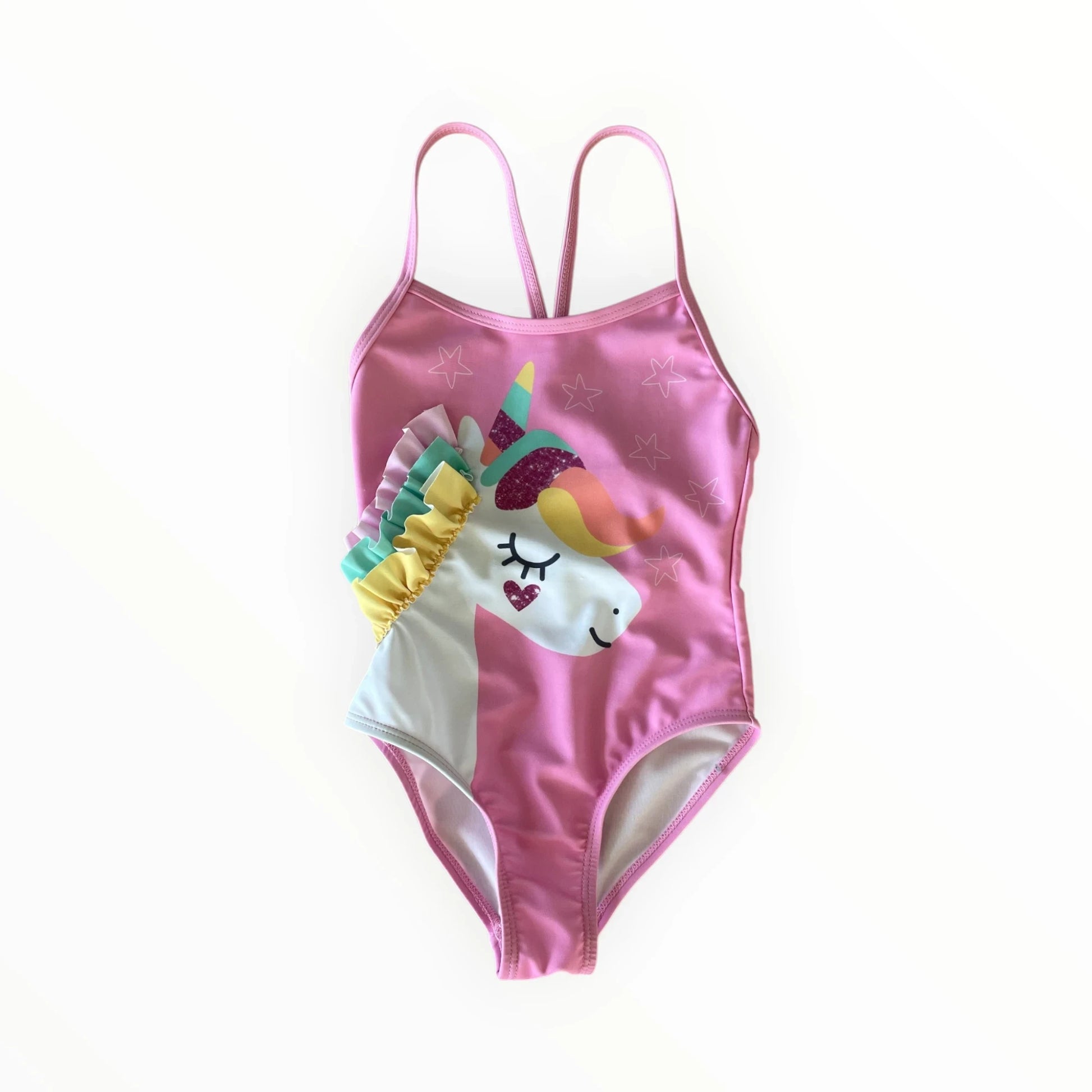 Pierrot Outlet roze eenstuk zwempak voor kinderen met eenhoorn-print, glitters en speelse ruches.