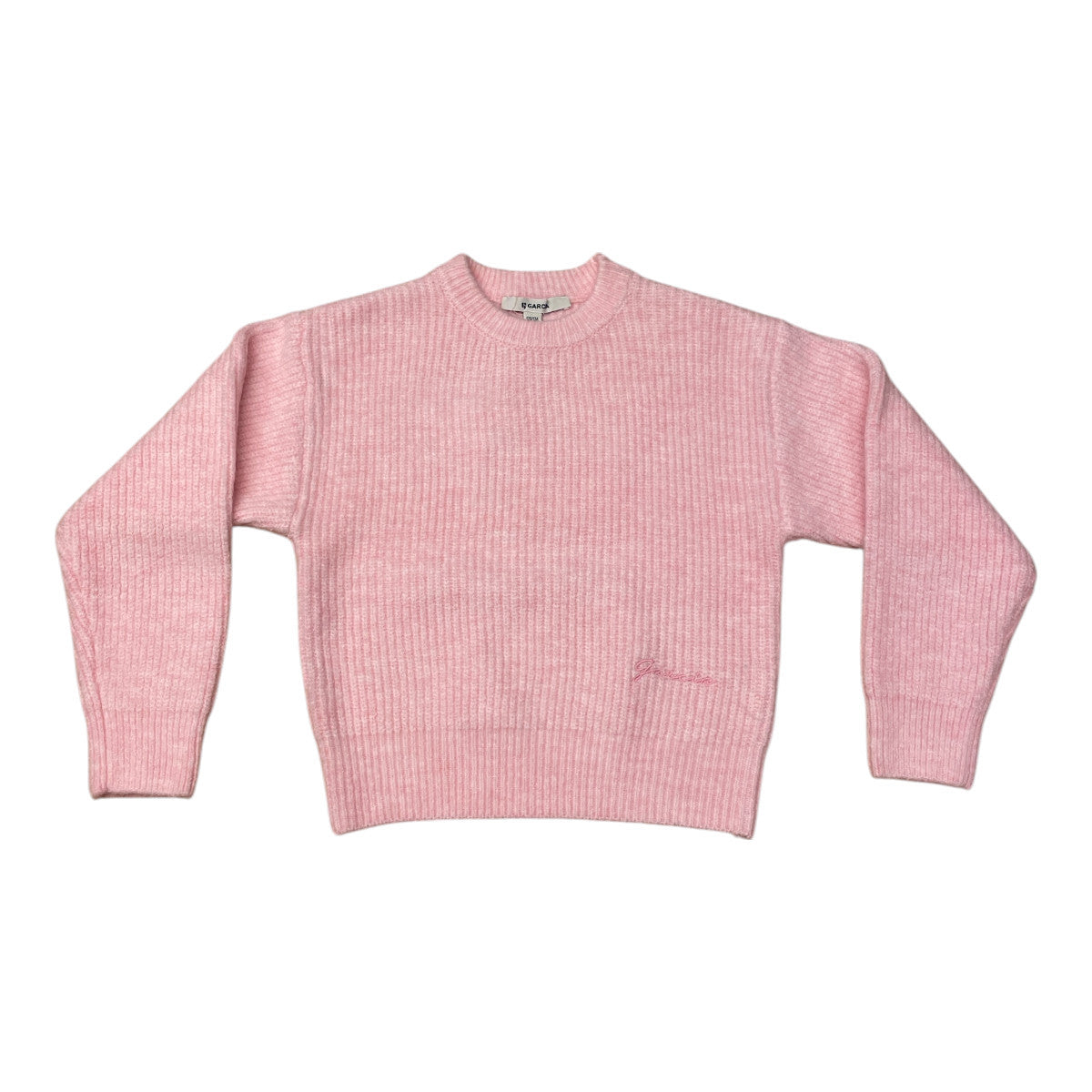 Pierrot Outlet roze gebreide trui met lange mouwen, ronde hals en geborduurd detail op de borst.