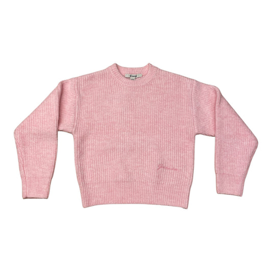 Pierrot Outlet roze gebreide trui met lange mouwen, ronde hals en geborduurd detail op de borst.