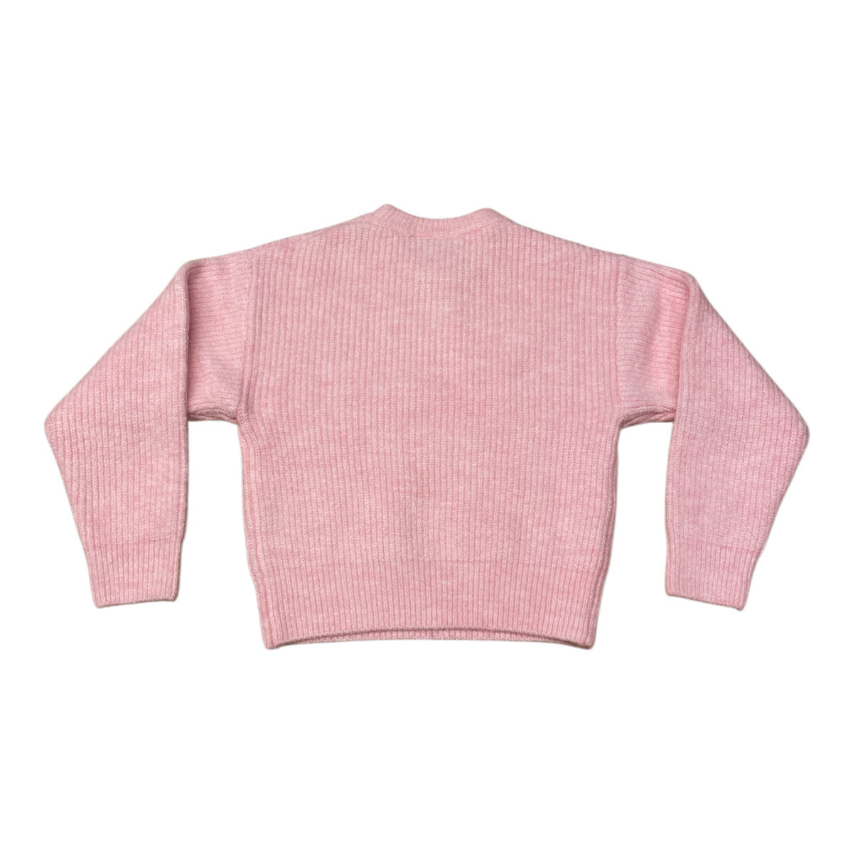 Pierrot Outlet roze gebreide trui met lange mouwen en ronde hals, ribgebreid patroon en geborduurd detail.