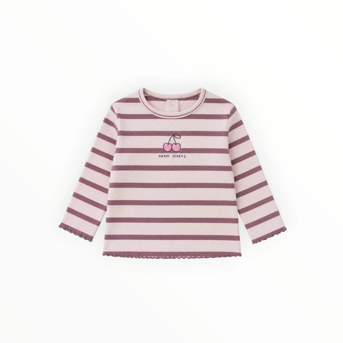 Pierrot Outlet roze gestreept baby shirt met lange mouwen, kersenprint en geschulpte randjes