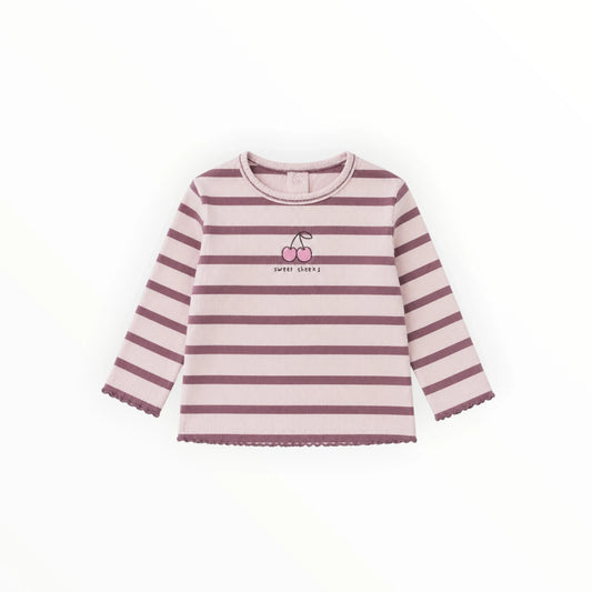 Pierrot Outlet roze gestreept baby shirt met lange mouwen, kersenprint en geschulpte randjes