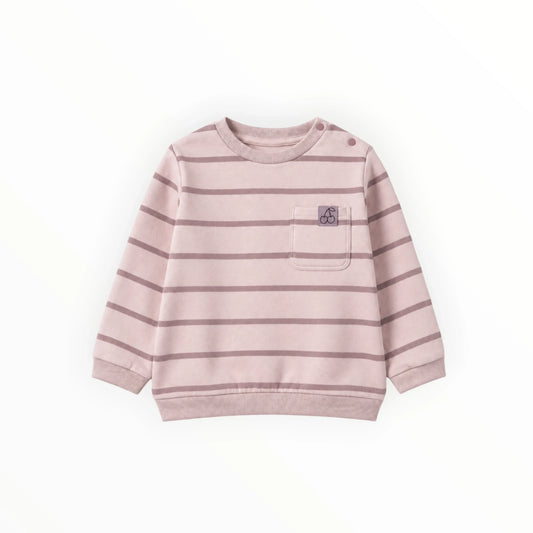 Pierrot Outlet roze gestreepte kindersweater met borstzakje en kersen-detail, voorzien van handige drukknopen.