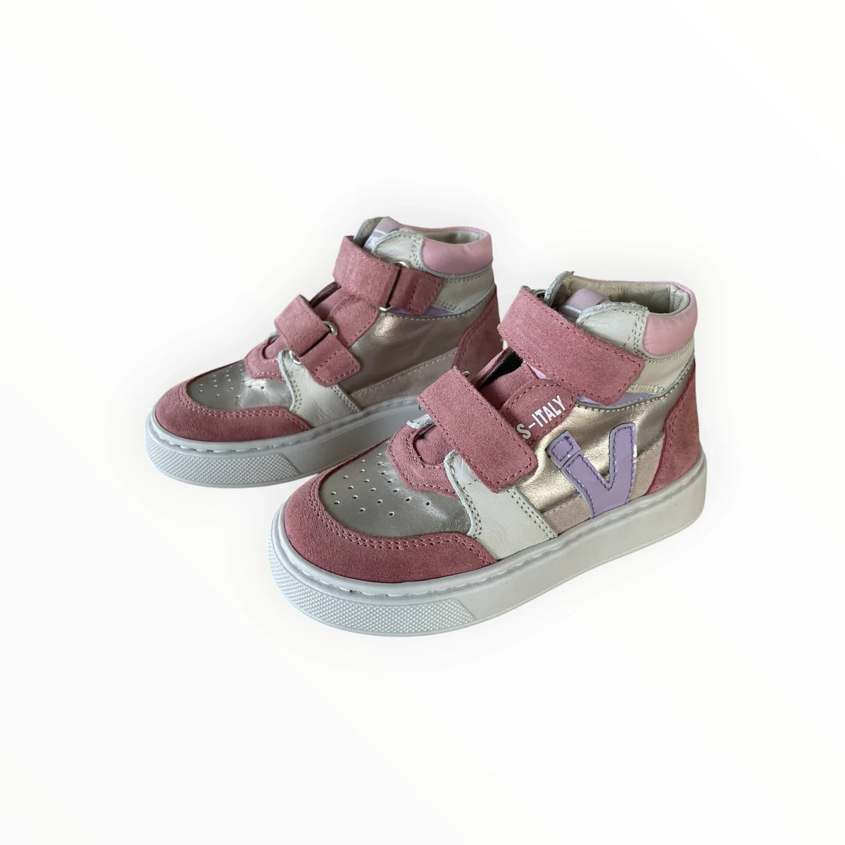 Pierrot Outlet hoge sneakers in roze, goud en lila van leer en suède met klittenbandsluiting en witte rubberen zool.