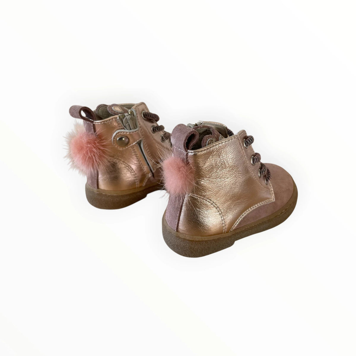 Pierrot Outlet roze-gouden enkellaarsjes voor kinderen van suède en metallic leer met veters en schattig pomponnetje