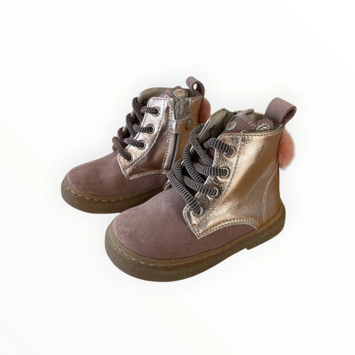 Pierrot Outlet roze-gouden enkellaarsjes voor kinderen van suède en metallic leer met veters en een pompon