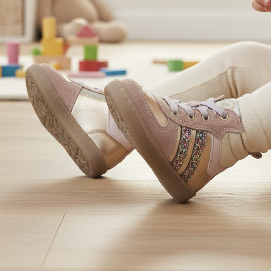 Pierrot Outlet kindersneakers in roze suède en goud met glitterstrepen, gedragen door een kind op een houten vloer.