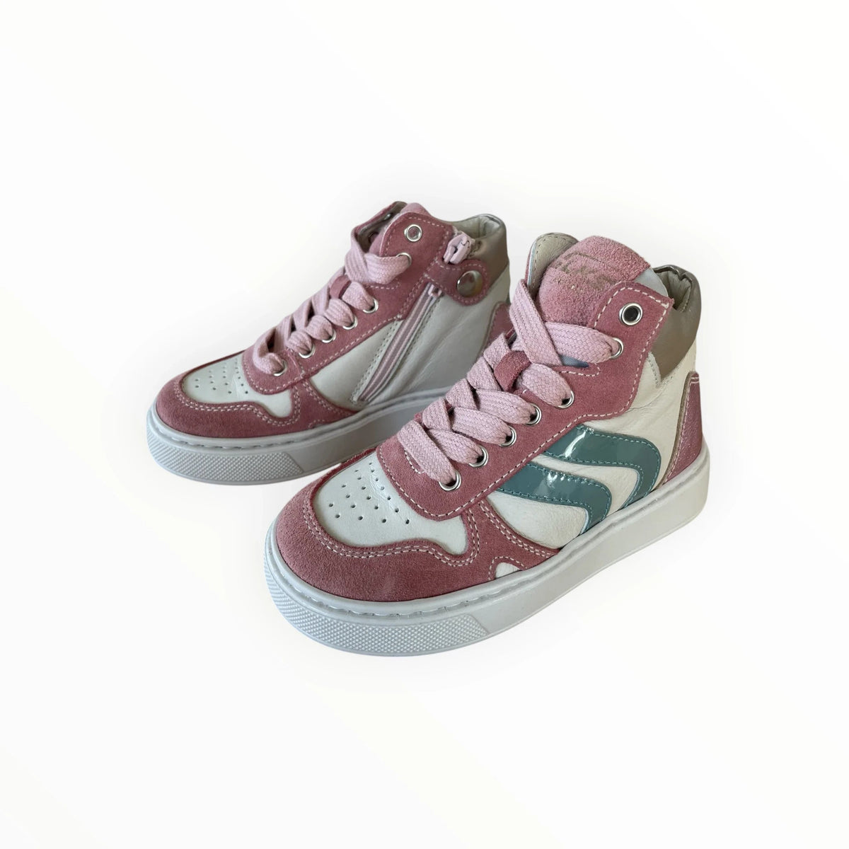 Pierrot Outlet hoge kindersneakers in roze suède en metallic met zeegroene accenten en handige ritssluiting