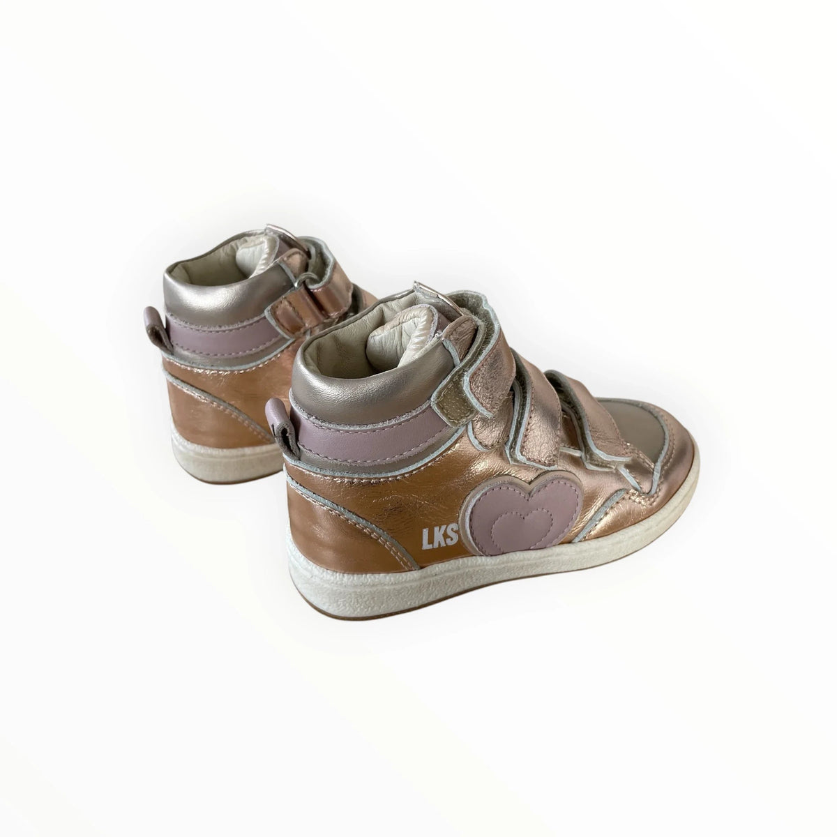 Pierrot Outlet metallic roze hoge LKS sneakers voor meisjes met klittenband en hartjesdetail