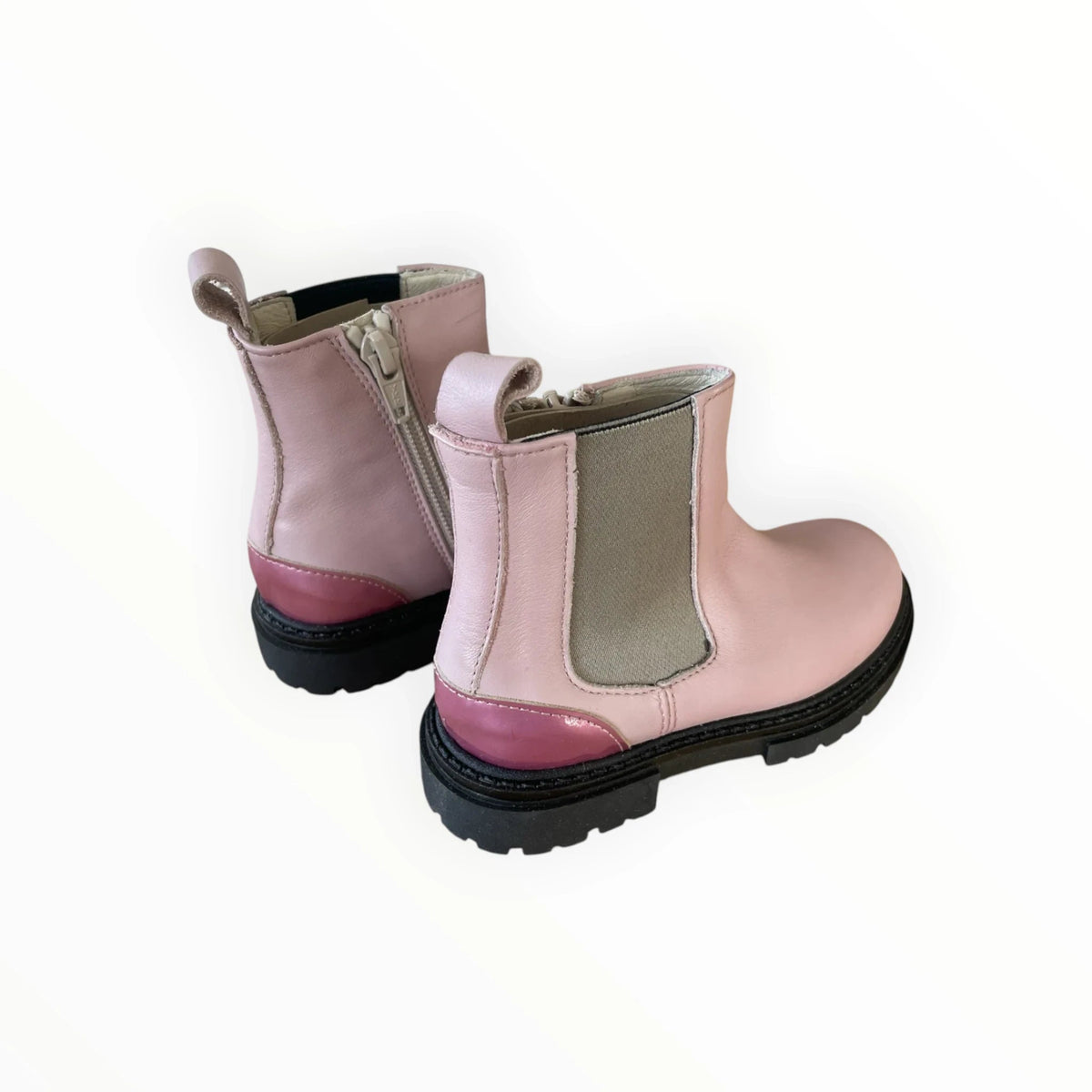 Pierrot Outlet roze kinder enkellaarsjes met rits, elastische inzet en stevige zwarte profielzool voor extra grip.