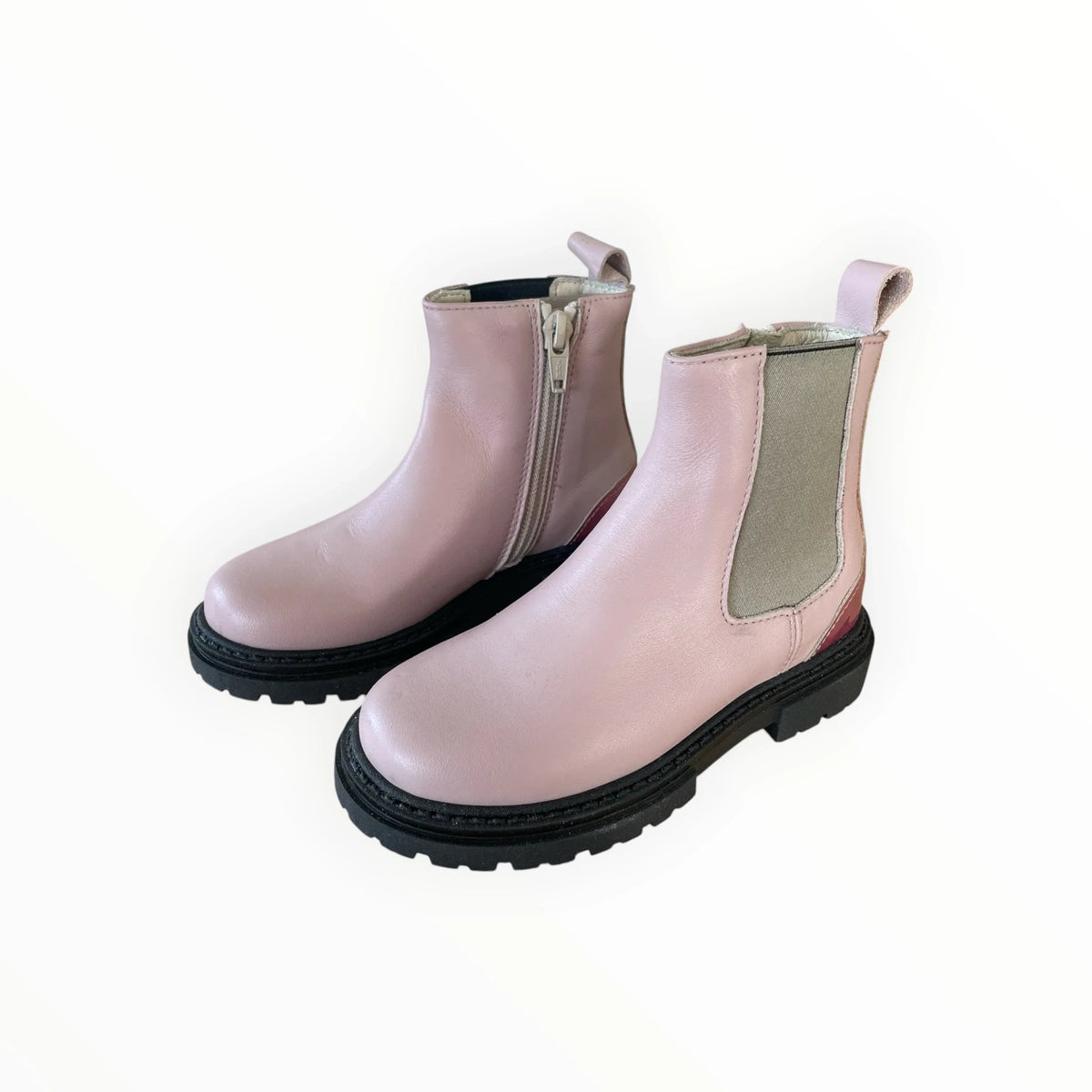 Pierrot Outlet roze kinder enkellaarsjes met rits, elastische inzet en stevige zwarte profielzool voor extra grip.