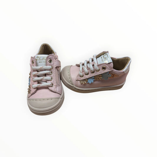 Pierrot Outlet roze leren kindersneakers met bloemenapplicaties en rits
