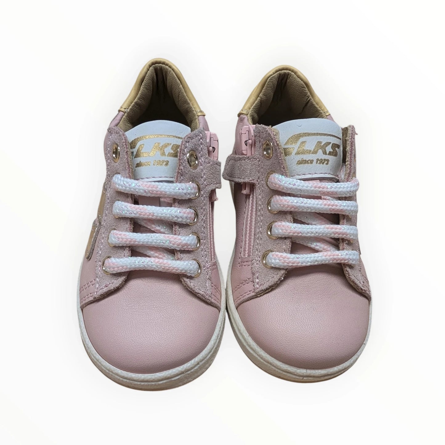 Pierrot Outlet roze leren en suède sneakers met veters, rits en glitterdetails voor kinderen.
