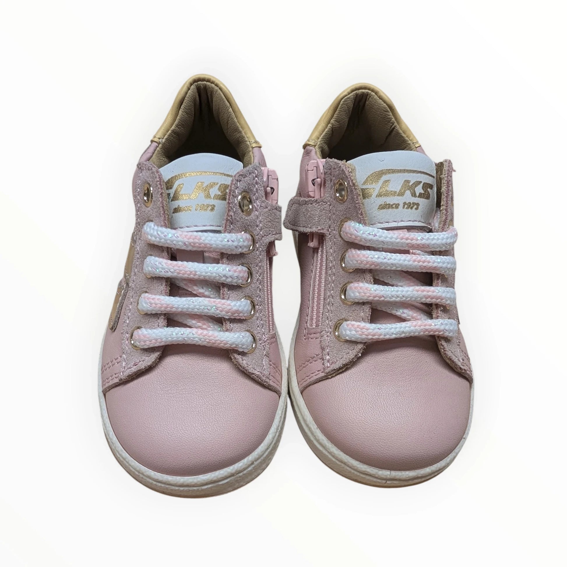 Pierrot Outlet roze leren en suède sneakers met veters, rits en glitterdetails voor kinderen.