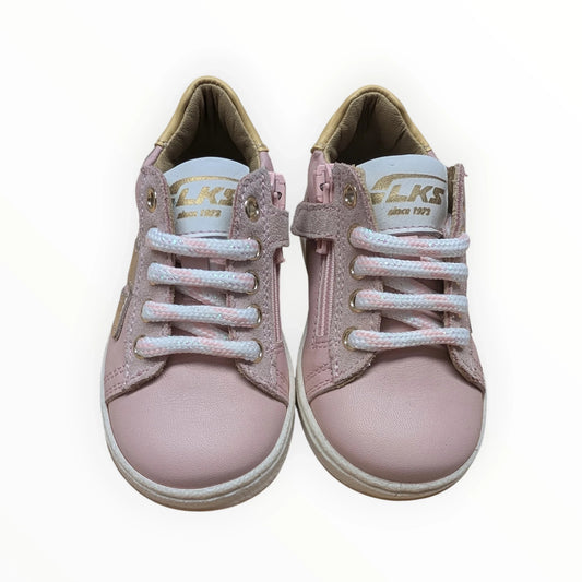Pierrot Outlet roze leren en suède sneakers met veters, rits en glitterdetails voor kinderen.