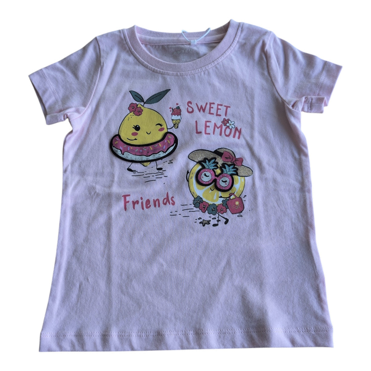 Pierrot Outlet roze katoenen T-shirt met korte mouwen en 'Sweet Lemon Friends' print voor kinderen.