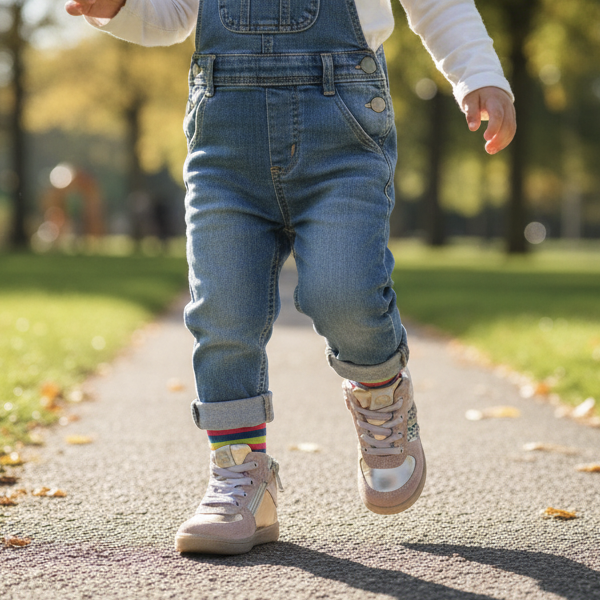 Pierrot Outlet kindersneakers in roze suède met goudkleurige accenten en glitterstrepen tijdens een wandeling in park