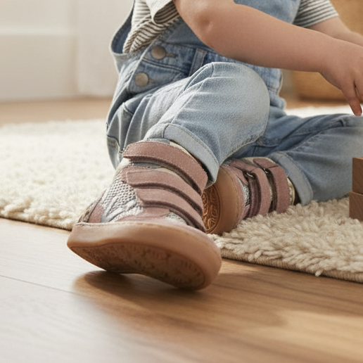 Pierrot Outlet kindersneakers in roze met klittenband gedragen door een spelend kind op een zacht tapijt