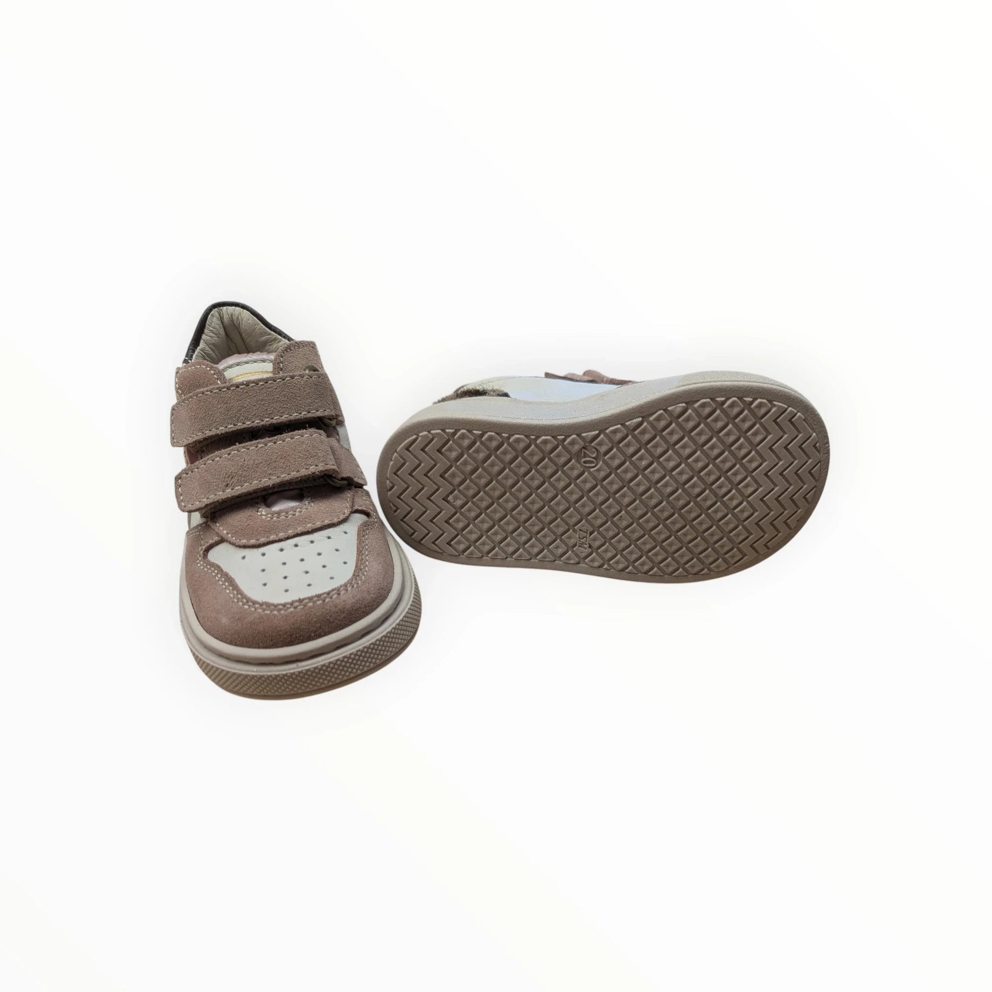 Pierrot Outlet roze suède en leren kindersneakers met klittenband en luipaardprint details