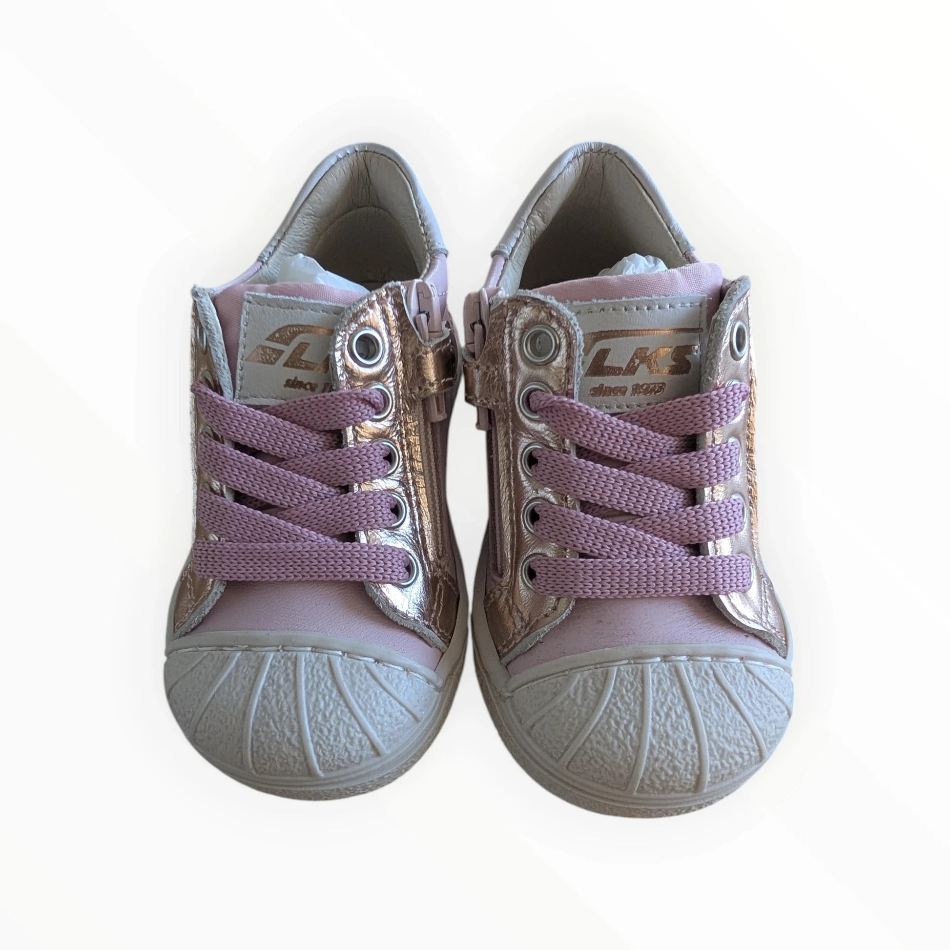 Pierrot Outlet roze leren kindersneakers met sterprint, koperkleurige accenten, veters en rits