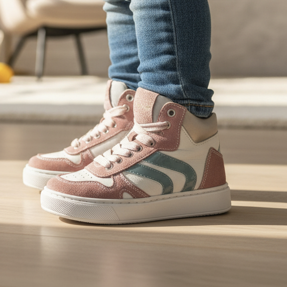 Pierrot Outlet kindersneakers in roze suède en metallic met zeegroene accenten en witte zool gedragen onder een jeans