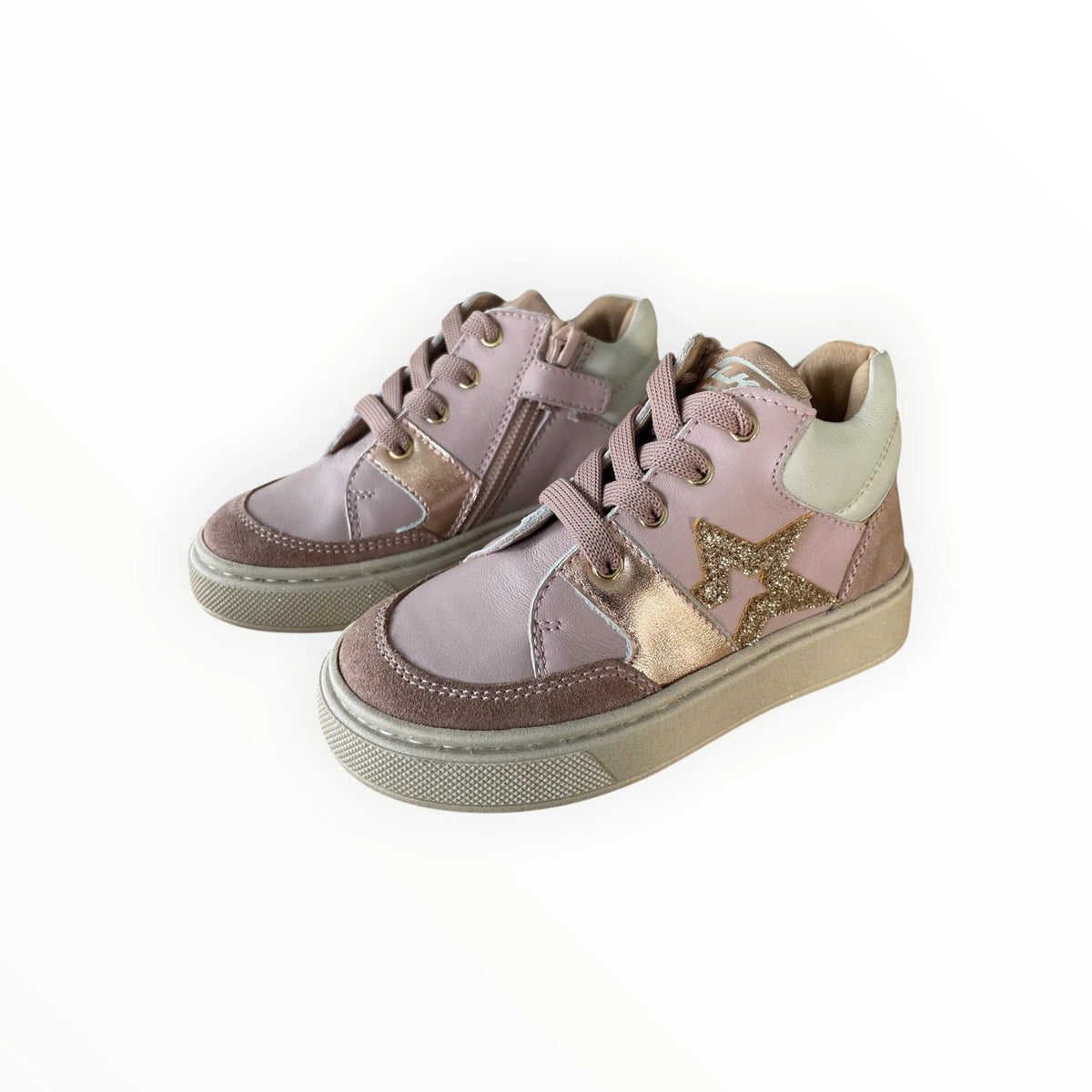 Pierrot Outlet roze leren meisjes sneakers met suède details, vetersluiting, ritssluiting en glinsterende ster