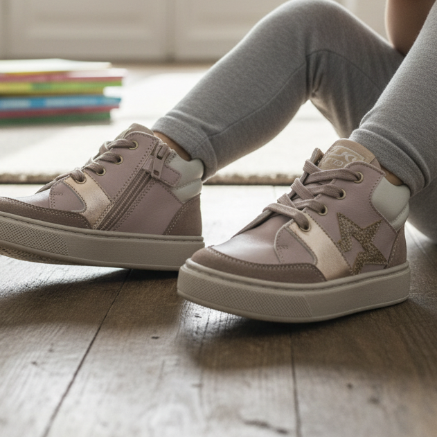 Pierrot Outlet roze leren meisjes sneakers met glinsterende sterdetails en vetersluiting op een houten vloer