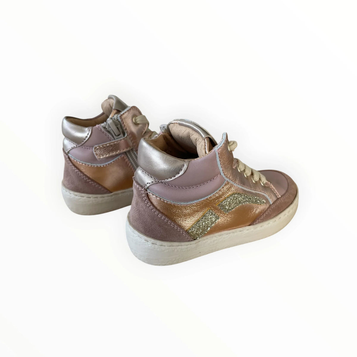 Pierrot Outlet hoge meisjes sneakers in roségoud en roze leer met glitterdetails en ritssluiting