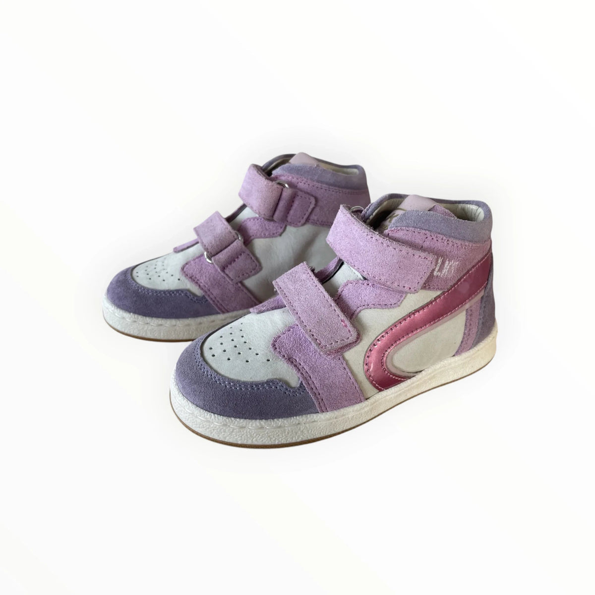 Pierrot Outlet hoge kindersneakers in roze en paars suède met klittenbandsluiting en stevige witte zool