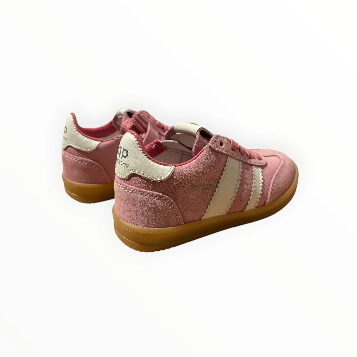 Pierrot Outlet roze suède Pinocchio kindersneakers met witte strepen en bruine rubberen zool