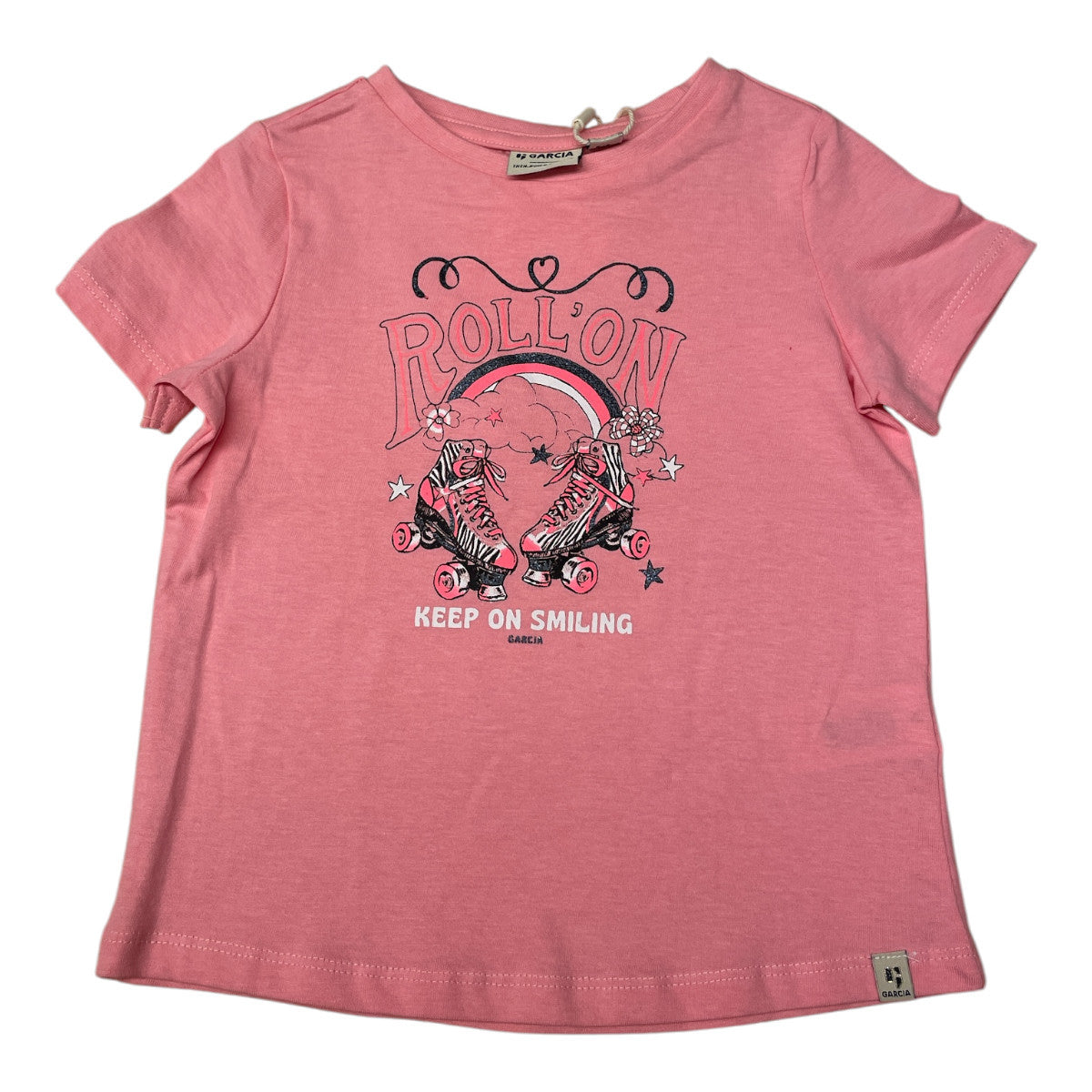 Pierrot Outlet roze katoenen T-shirt voor meisjes met print van rolschaatsen en de tekst KEEP ON SMILING.