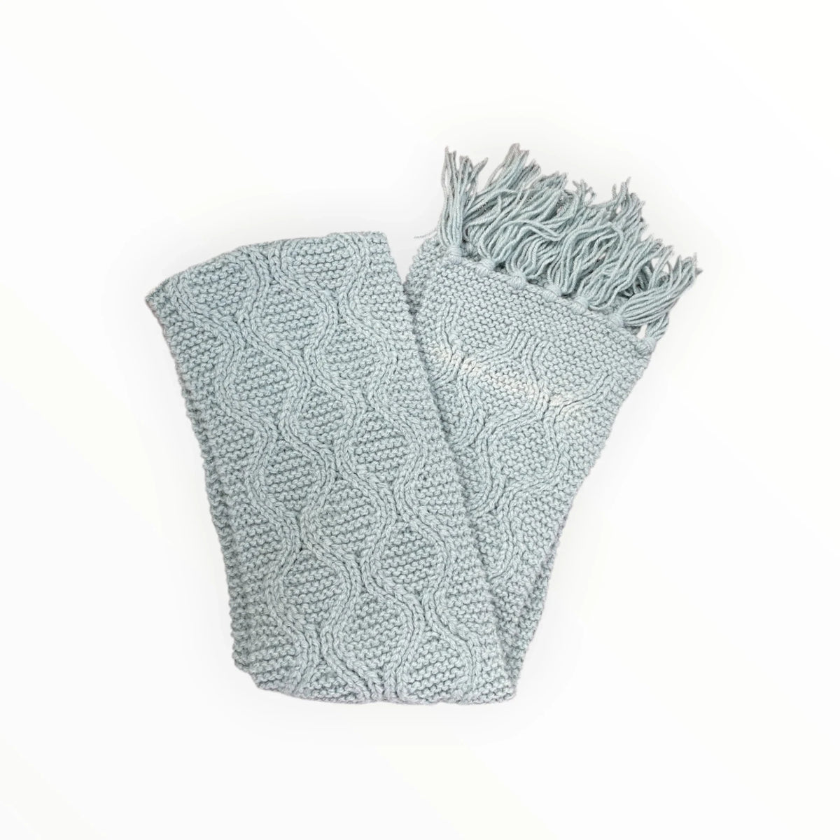 Pierrot Outlet sage-blue cable-knit winter scarf with textured wave pattern and classic fringed edges