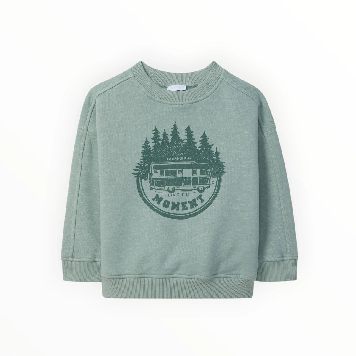 Pierrot Outlet Laranjinha sweater in saliegroen met een kampeerbusje en dennenbomen print en tekst Live the Moment