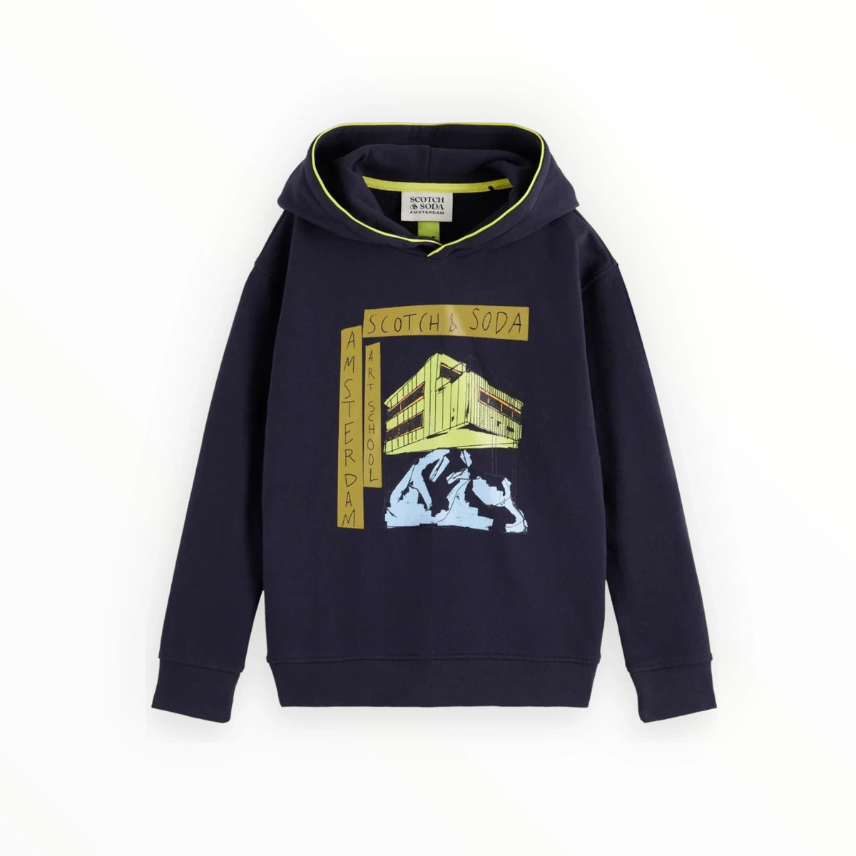 Pierrot Outlet donkerblauwe Scotch & Soda hoodie met Amsterdam Art School grafische print en contrasterende bies
