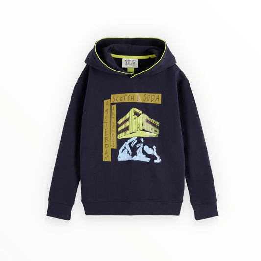 Pierrot Outlet donkerblauwe Scotch & Soda hoodie met Amsterdam Art School grafische print en contrasterende bies