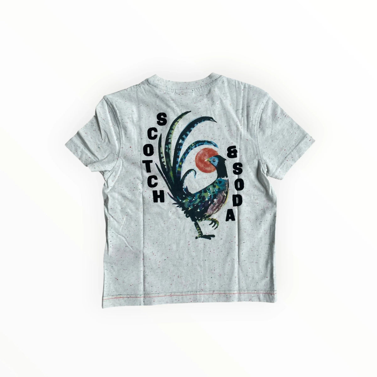 Pierrot Outlet Scotch & Soda lichtgrijs T-shirt met spikkelpatroon en kleurrijke vogelprint op de achterzijde
