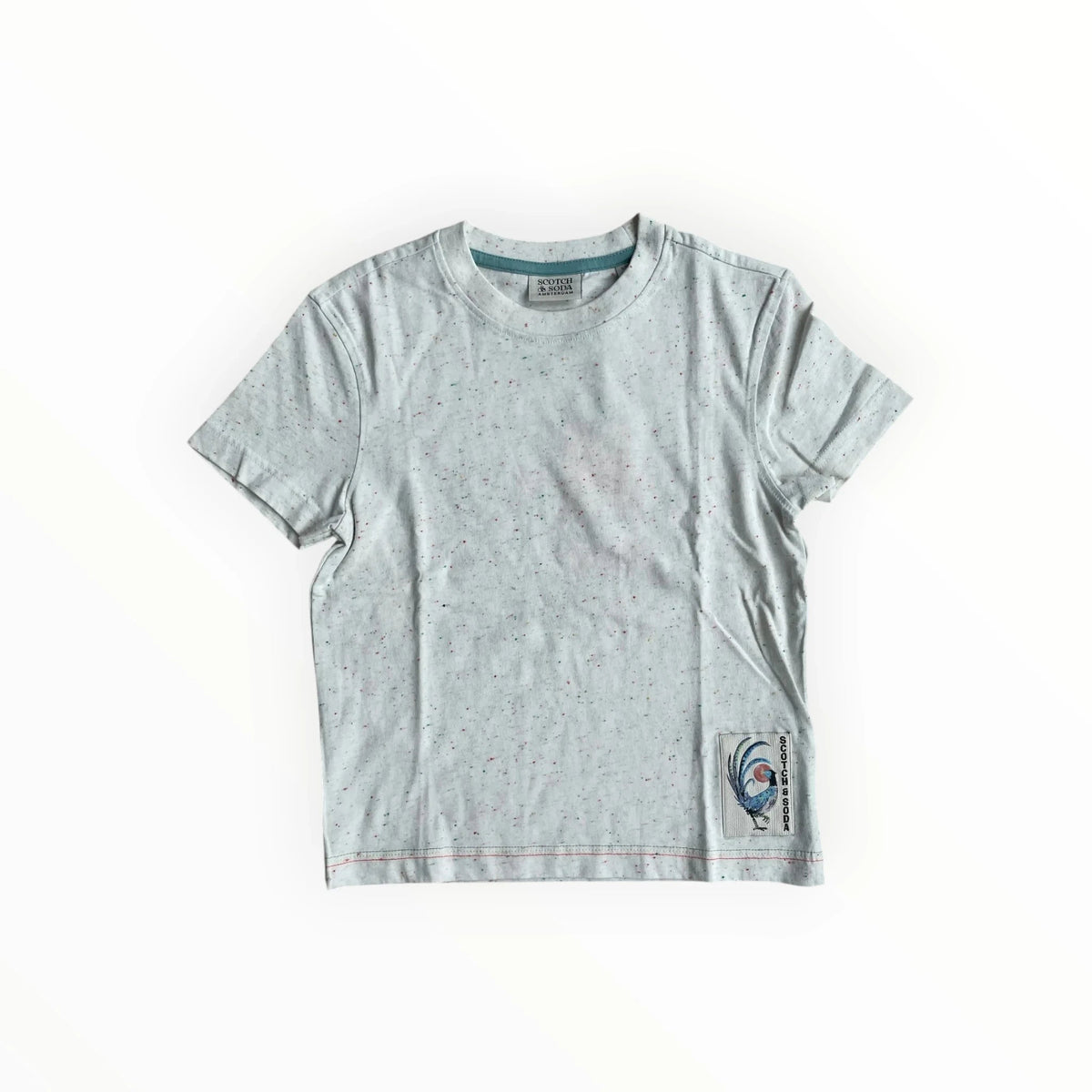 Pierrot Outlet Scotch & Soda lichtgrijs T-shirt met spikkelpatroon, ronde hals en vogelpatch op de voorzijde
