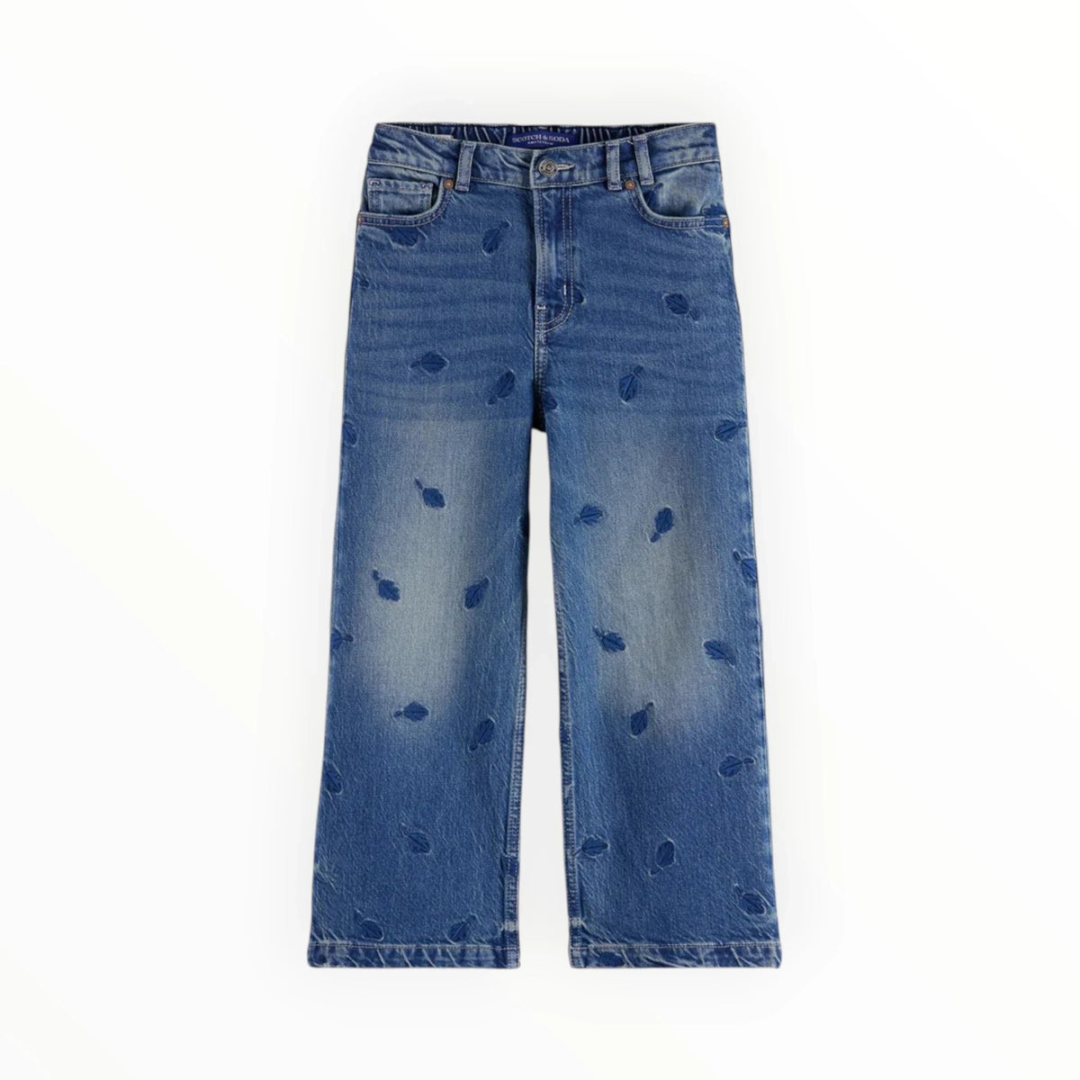 Pierrot Outlet Scotch & Soda wijde spijkerbroek in medium blauwe denim met geborduurd blaadjespatroon voor kinderen.