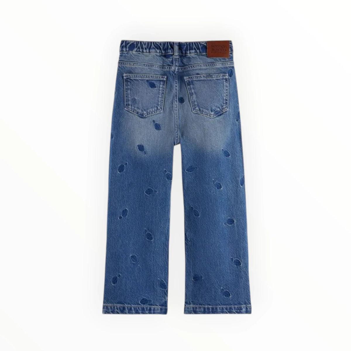 Pierrot Outlet Scotch & Soda wijde spijkerbroek in medium blauwe denim met geborduurd blaadjespatroon en achterzakken