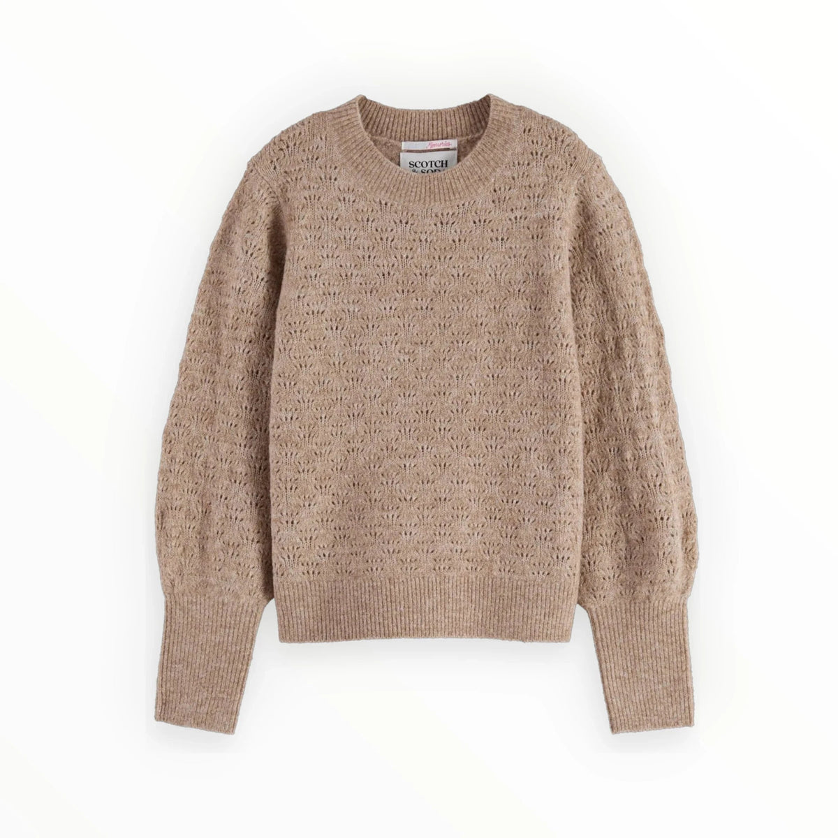 Pierrot Outlet Scotch & Soda gebreide trui in zandkleur met pointelle-patroon, ronde hals en gepofte mouwen.