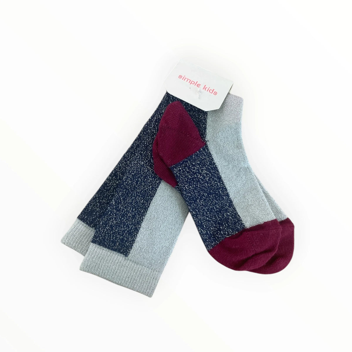 Pierrot Outlet set van Simple Kids kindersokken in blauw, bordeauxrood en grijs met subtiele glitterdetails.