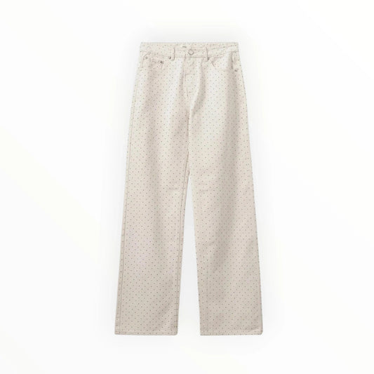 Pierrot Outlet Sofie Schnoor denim broek in beige met een subtiel all-over stippenpatroon en rechte pasvorm.