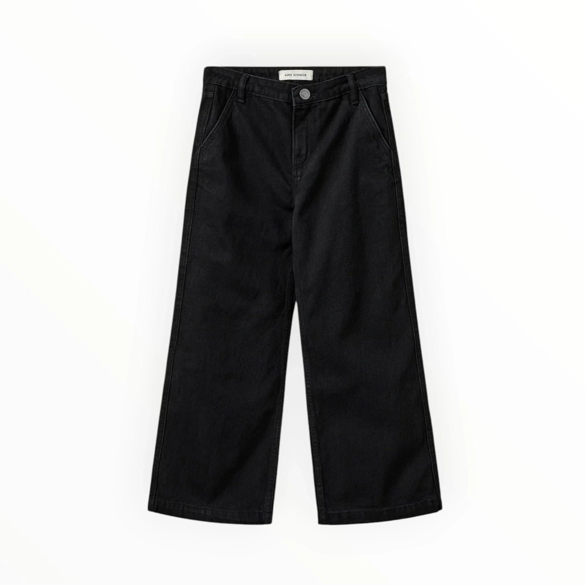 Pierrot Outlet SOFIE SCHNOOR zwarte denim broek met wijde pijpen, hoge taille en praktische steekzakken.