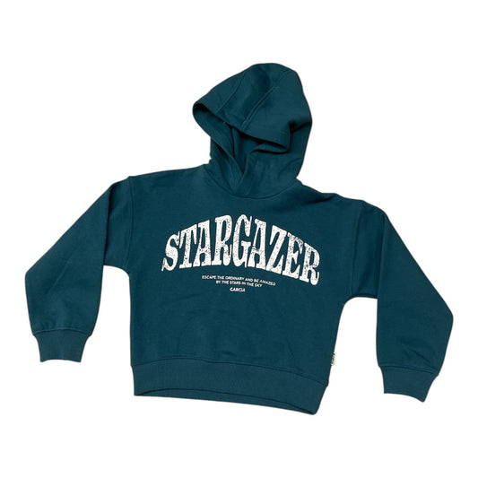 Pierrot Outlet Stargazer hoodie in petrolkleur, gemaakt van katoen met 'STARGAZER' print op de borst.
